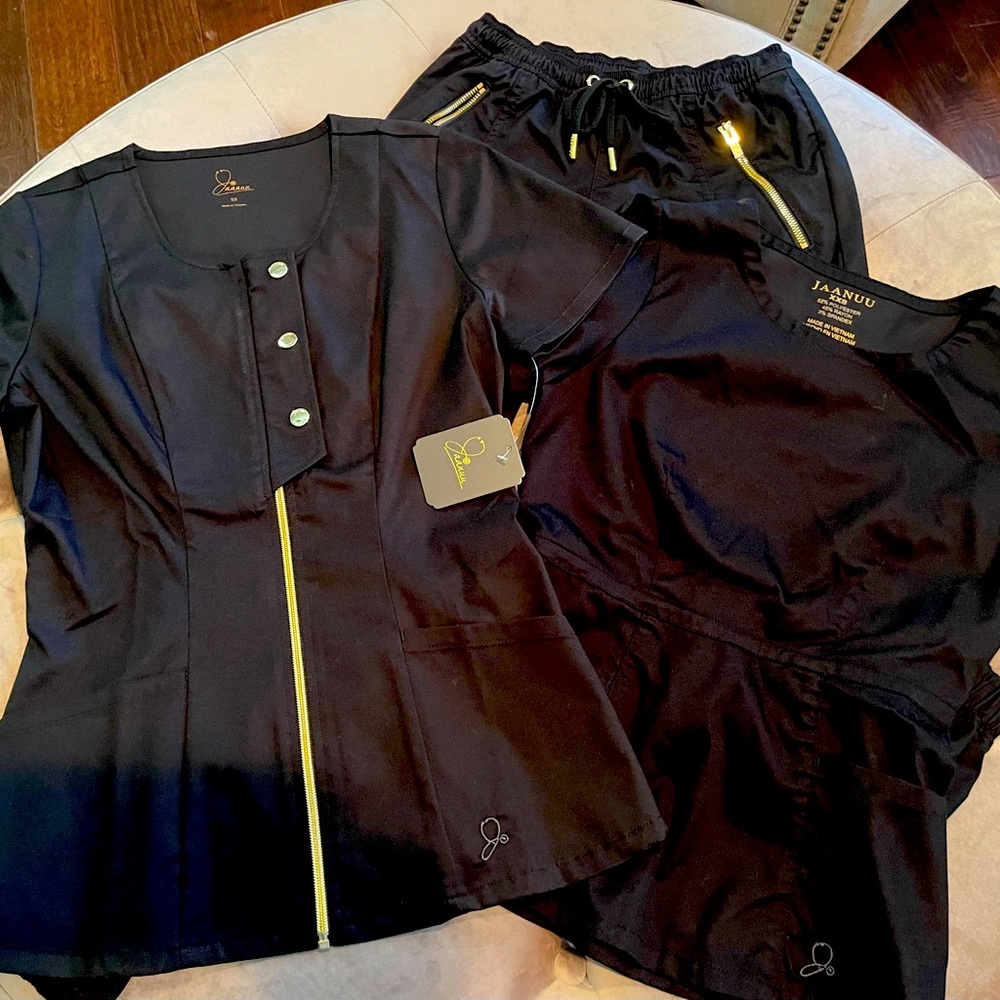 Jaanuu Black Scrubs—3 pieces!! Joggers w/ 2 different tops!  XS/XXS-NWT $65
